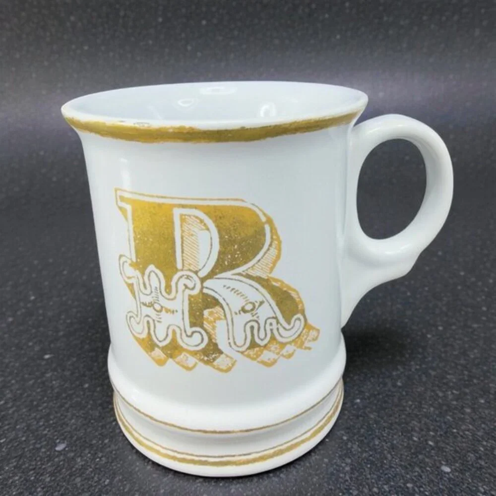 Williams Sonoma Brushed Gold Monogram Letter R Ceramic White Gold Coffee Mug Cup